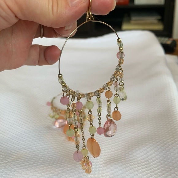 Gold Tone Pink and Orange Beaded Hoop Drop Statement Earrings - Picture 2 of 4